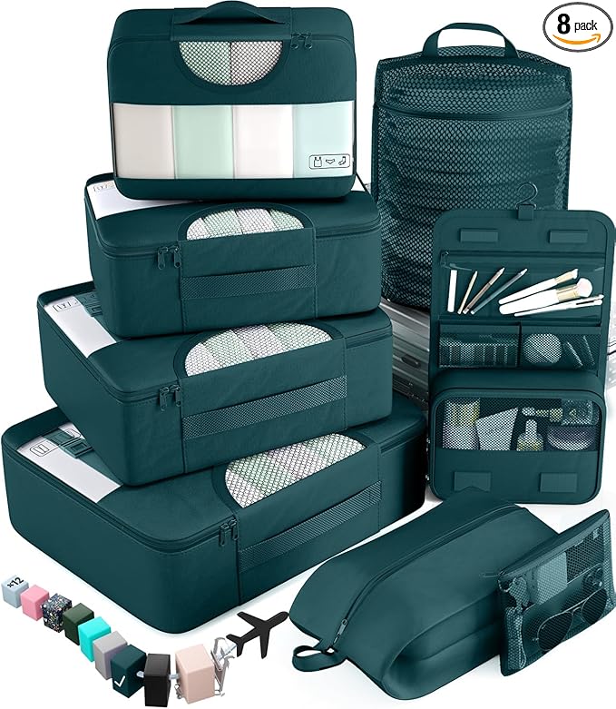 Veken 8 Set Packing Cubes for Travel Essentials, Suitcase Organizer Bags in 4 Sizes, Carry-On Luggage Accessories with Large Laundry & Hanging Toiletry Bag, Must-Have for Airplane, Road Trip & Camping