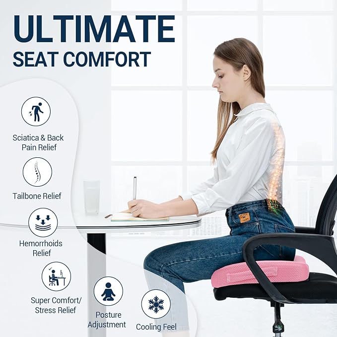 Season Guard Tailbone Pain Relief Office Chair Seat Cushion, Memory Foam Gel Seat Cushion for Sciatica Pain Relief with Washable Cover, Butt Cushion for Long Sitting, Mesh, Pink