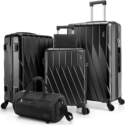 Hoteel Luggage Sets 5 Piece PC Hardside, 4-Year Warranty, Luggage Set with Spinner Wheels, TSA Lock, YKK Zipper, Lightweight Carry on Luggage, 20"/24"/28" Suitcase with Duffel & Organizer, Black
