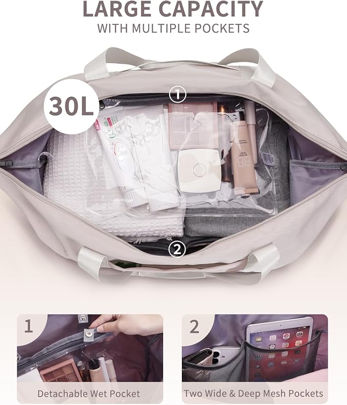 ECOHUB Travel Duffel Bag, Water Resistant Weekender Bag Carry On Bags for Women, Sport Gym Bags for Men, Hospital Bag for Labor and Delivery, Overnight Bag Luggage Bag with Trolley Sleeve, 30L Beige