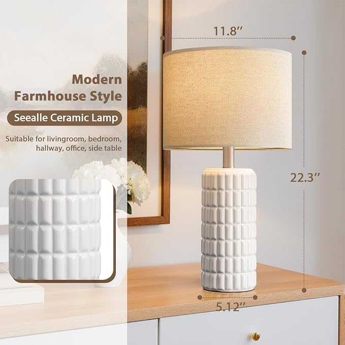Seealle 23" Modern Ceramic Table Lamps Set of 2, Lamps for Bedroom, White | Lamps for Living Room, Bedroom, Bedside, Night Stands, End Table, Desk, Farmhouse Home Decor