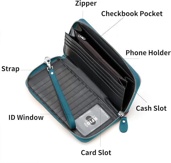 Moflycom Womens Wallet RFID Blocking Genuine Leather Multi Credit Card Large Capacity Zip Around Clutch Travel Purse Wristlet