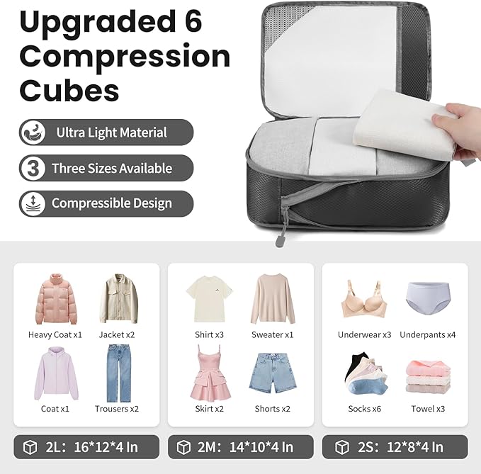 Compression Packing Cubes for Travel, Lightweight Vacation Travel Essentials, Travel Accessories for Suitcase Organizer Bags Set, Durable Luggage Organizer