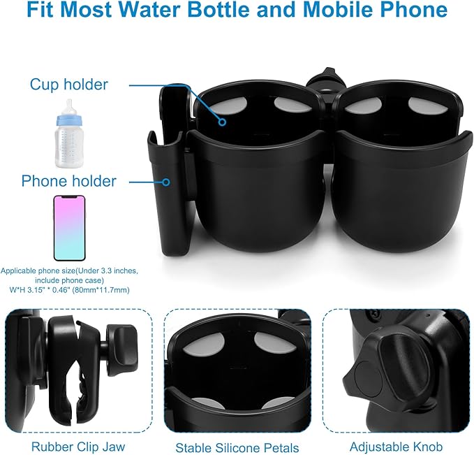 Accmor Stroller Cup Holder with Phone Holder, Bike Cup Holder, Universal Cup Holder for Uppababy Nuna Doona Strollers, 2-in-1 Cup Phone Holder for Stroller Bike Wheelchair Walker Accessory