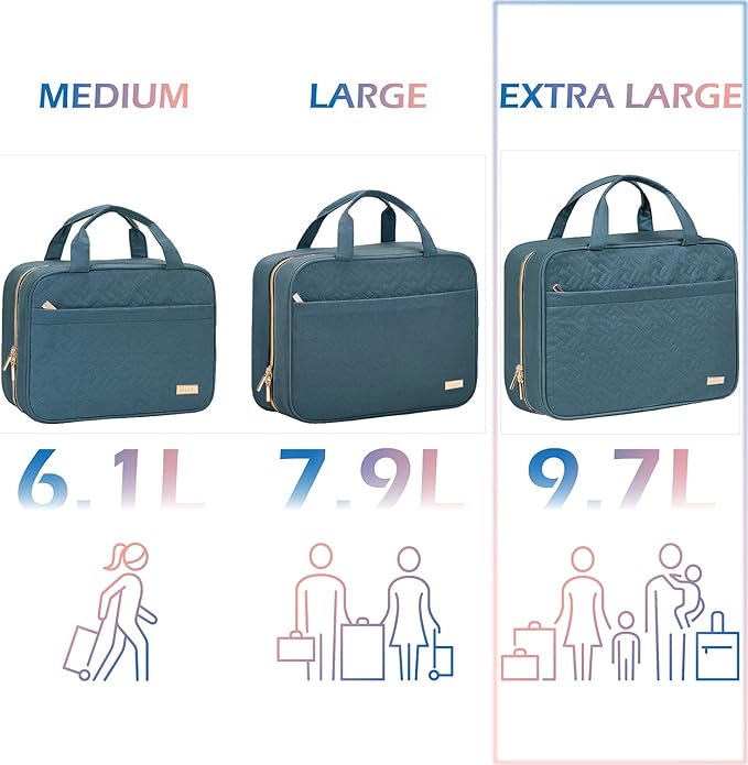 NISHEL Travel Toiletry Bag for women, Portable Hanging Organizer for Family-Sized Shampoo, Conditioner, Brushes Set, Makeup Accessories, Extra Large Size, Lake-Blue