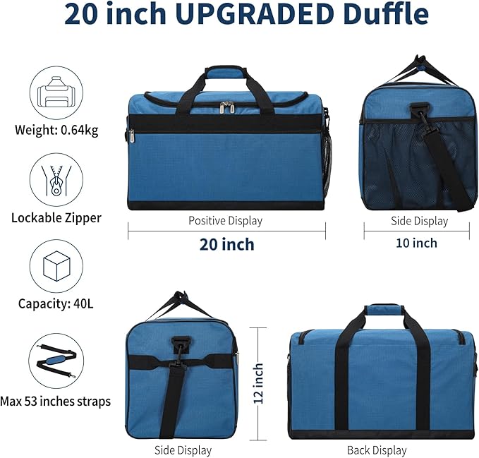 Gym Bag 20 inch Sport Duffle Bag for Men - 40L Weekender Duffel Bag for Travel - Royal Blue