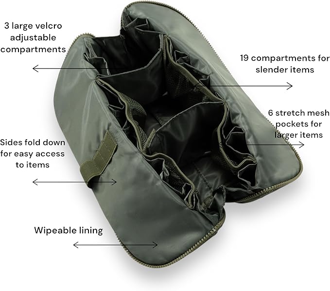 THE VERTI-Vertical Waterproof Makeup & Toiletry Bag | 23-Pocket Organizer with Upright, Fold-Down Design for Skincare, Toiletries & Essentials (Olive)