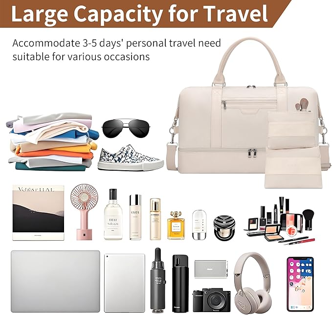 Oeihuivt Weekender Bags for Women - 21 Inch Large Travel Duffel Bag 2-Piece Set with Shoe Compartment, Heavy-Duty Canvas Leather Carry On Overnight Tote