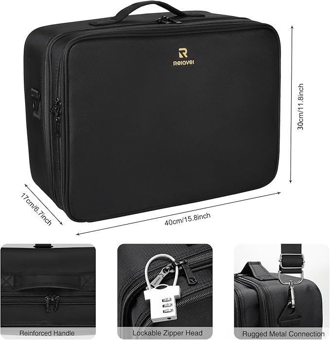 Relavel Makeup Case Extra Large Makeup Bag for Women Travel Makeup Artist Box Nail Polish Cosmetic Brush Storage Organizer with Adjustable Plastic Dividers Black