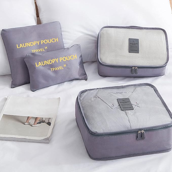 6 Set Packing Cubes for Travel Luggage Packing Bags Reusable Waterproof Suitcase Organizer Bags Set with Shoe Bag and Toiletry Bag (Grey)
