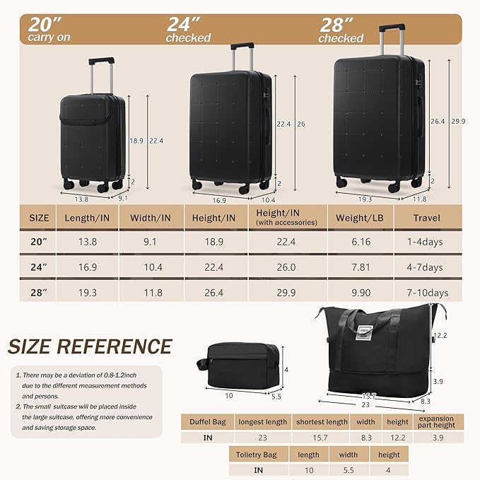Merax Luggage Sets 5 Piece, Hardside 20" Half-opening Carry On Suitcase Set with USB Port,Lightweight Travel 24" 28" Luggage with Bags TSA Locks Double Spinner Wheels,Black