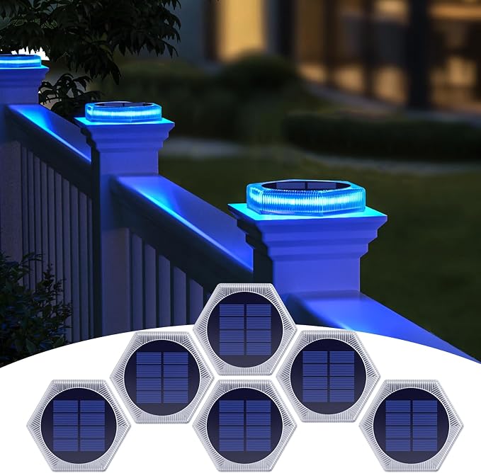 YiLaie Blue Solar Dock Deck Step Flat Stair Lights for Outside 6 Pack | Stick on Driveway Lights Solar Powered Outdoor Waterproof for Patio Post Concrete Pathway Walkway Warning Auto ON/Off