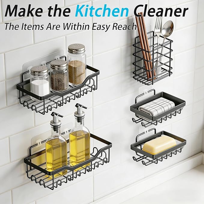 Fammart Adhesive Shower Caddy, 5-Pack Rustproof Stainless Steel Bathroom Organizer with 28 Hooks, No-Drill Large Capacity Shower Shelves for Bathroom Storage & Home Décor, Black