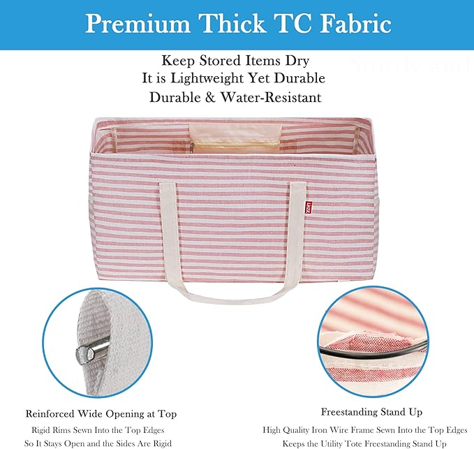 LHZK 2 Pack Extra Large Utility Tote Bag with Metal Wire Frame and the Sides Rinforced, Extra Large Tote Bag with Handle for Pool Beach Laundry Storage (Pink) | 22.5''x10.5''x12''