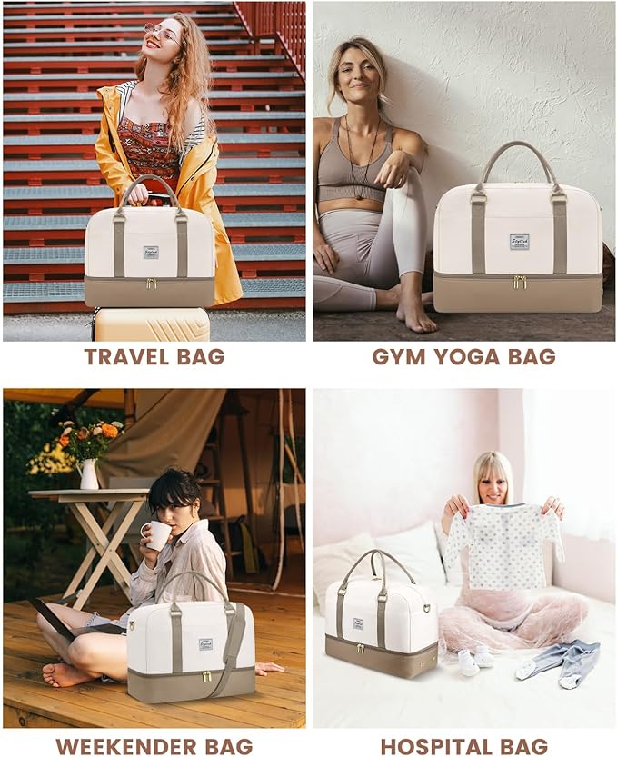 Weekender Travel Duffle Bag for Women: Overnight Bags with Shoe Compartment Carry on Bags for Airplanes with Toiletry Bag Yoga Gym Bag with Wet Pocket Travel Duffel Tote Bag Hospital Bag Khaki Beige