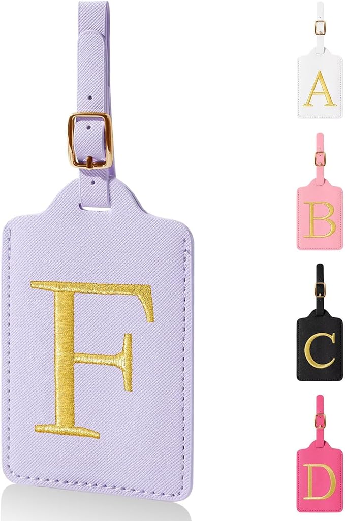 Personalized Initial Luggage Tags for Suitcases,Leather Letter Cute Luggage Tags with Privacy Name Card,Embroidered Monogrammed Travel Bag Backpack Tag Gifts for Women Kids Girls Teens(Purple-F)