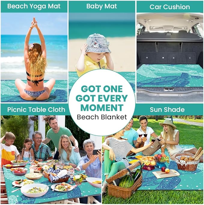 Ainiv Beach Blanket, Large Beach Mat 140 x 210 cm (2-3 People) Foldable, Sandproof Waterproof, Camping Outdoor Blanket with 6 Fixed Nails for Beach, Hiking, Picnic
