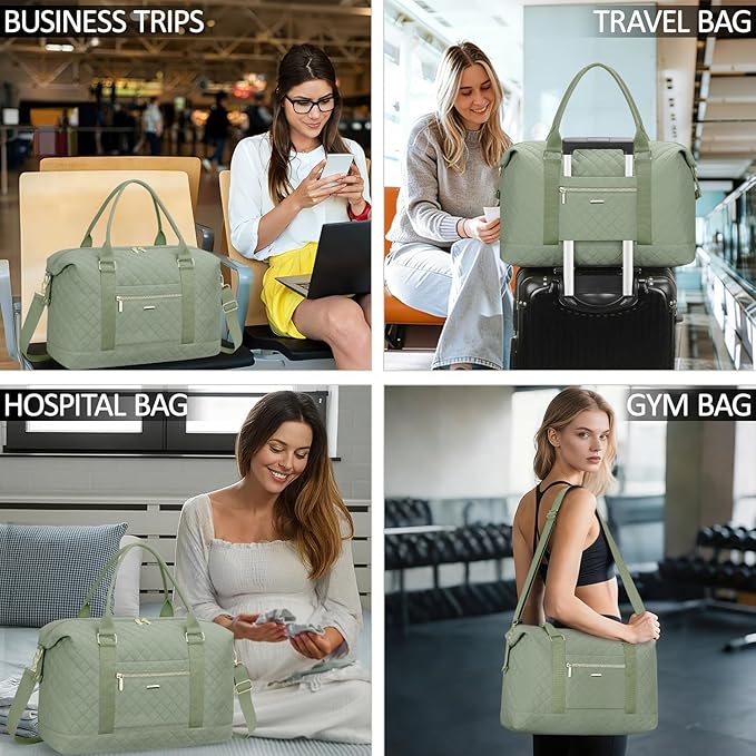 Quilted Travel Duffle Bag for Travel Women with Toiletry Bag, Large Weekender Bags for Women Carry on Duffel Overnight Bag, Waterproof Travel Tote Bags for Sports, Weekender, Business, Green