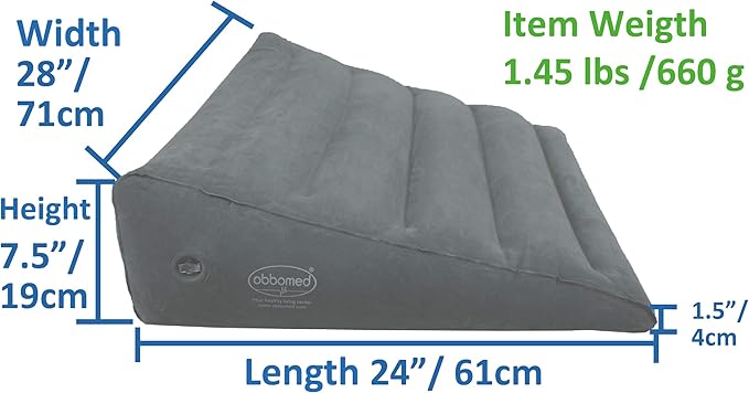ObboMed HR-7620, New & Handy AIR VALVE for easy inflation/deflation,Heavy duty Inflatable Bed Wedge Pillow with Velour Surface for Sleeping Travel Trip vacation; inflated size M: 24” x 28” x 7.5-1.5”