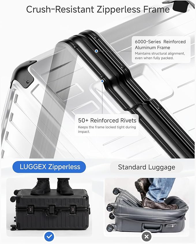 LUGGEX Checked Suitcase with Spinner Wheels, 8010S Aluminum Frame Zipperless Polycarbonate Hard Shell Suitcase with 5 Packing Cubes and a Shoe Bag (ZX-Core, Black, 30 Inch)