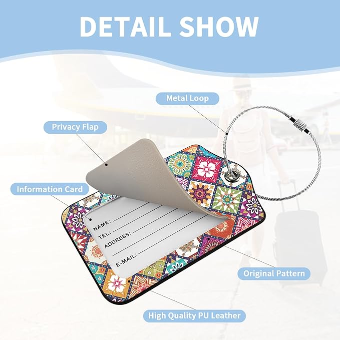 2 Pcs Luggage Tag for Suitcases, Boho Mandala Cute PU Leather Suitcase Tag Privacy Cover Name ID Label with Metal Loop, Personalized Baggage Identifier for Women Cruise Bag Travel Essentials