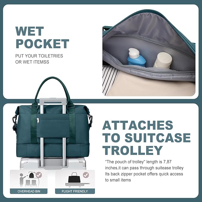 Weekender Bags for Women, Travel Duffel Bags with Shoe Compartment,Personal Item Travel Bag for Airlines, Carry on Overnight Tote Bag for Women with Toiletry Bag, Peacock Blue
