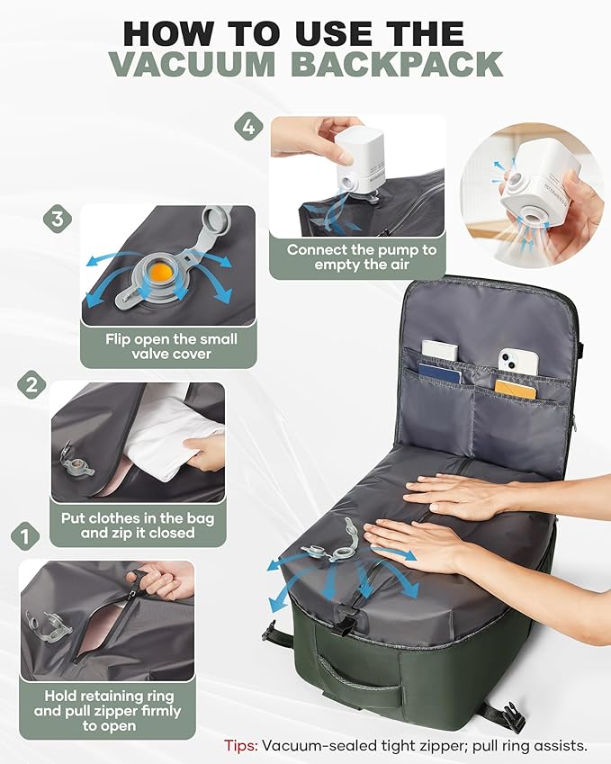 coofay Large Vacuum Backpack Travel with Pump Vacpack Travel Backpack with Vacuum System Compression Backpacks for Travel Easy Vac Pack Carry on Luggage