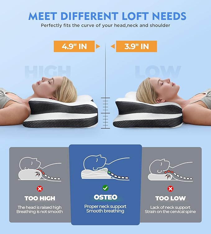 Osteo Sustained Cervical Health Neck Pillow, Contour Zoned Design Ergonomic Pillow for Pain Relief, No-Temperature Affected Memory Foam Pillows, Cooling Pillow Support Side, Back, Stomach Sleeper
