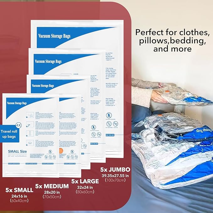 MEIQIHOME Vacuum Storage Bags, Space Saver Sealer Bags,Vacuum seal bags for clothing, Pillows, Comforters, Blankets, Bedding,Travel,32 COMBO