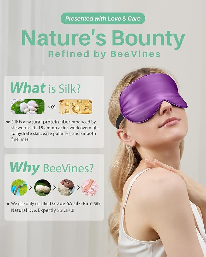 BeeVines 100% Real Mulberry Silk 2 Pack Sleep Mask, Pure Silk Eye Masks with Adjustable Strap for Sleeping, 100% Block Light Eye Shade Cover, Reduces Puffy Eyes Traveling Gifts(Black & Rich Purple)