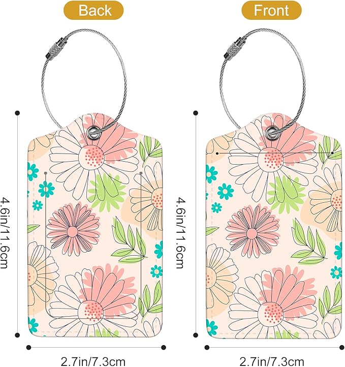 2Pack Luggage Tags for Suitcases, Cute Unique Pu Leather Cruise Luggage Tag with Privacy Cover ID Label Address Card and Metal Ring Suitable for Women Men Kids Travel Bag Pink Line Flower