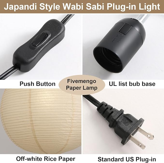 23.6in Paper Lanterns Plug in Hanging Lamp Off-White 19.7FT Cord | Rice Paper Lamp Lantern Pendant Light Large Globe Japanese Japandi Wabi Sabi Chandelier for Dining Living Room Bedroom 2 Pack