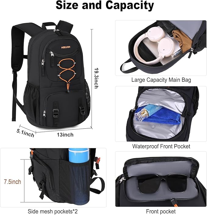 Nerlion 35L Hiking Backpack Travel Backpack for Men Women Camping Waterproof Outdoor Hiking Daypack Lightweight Backpack Black Orange