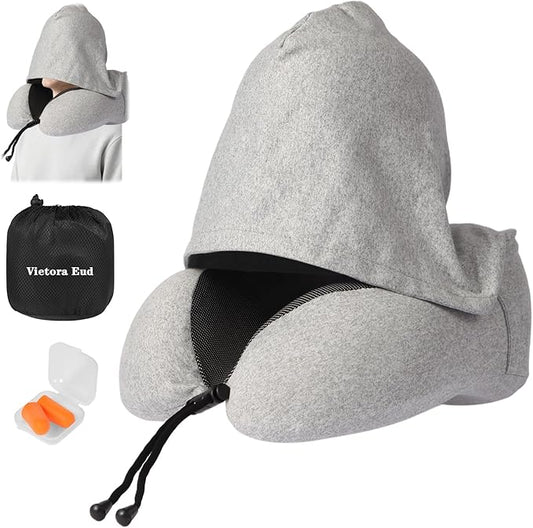 Travel Neck Pillow with 100% Light-Blocking Hood – Ergonomic Memory Foam Support Pillow for Airplane, Long Flights, Road Trips, Office and Car, Full Head and Neck Support with Skin-Friendly Cover