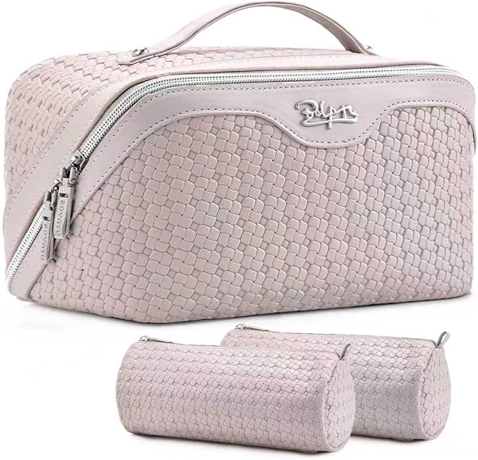 BOYATU Travel Makeup Bag Cosmetic Bags for Women: Large Capacity 3 Pcs Set Make up Bag with Compartments - Waterproof Vegan Leather Toiletry Organizer Bags with Handle (L18 Beige)