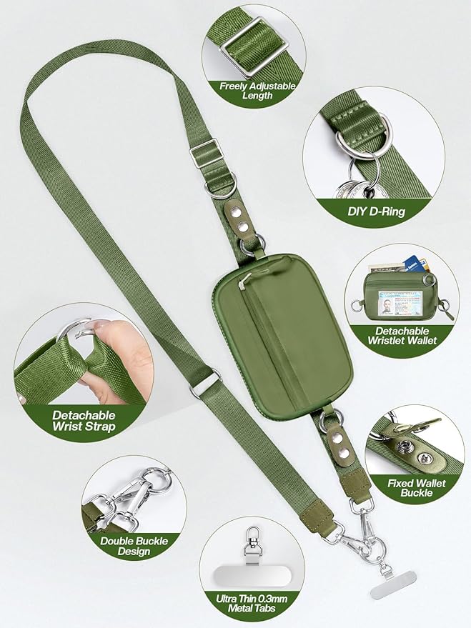Tiostep Clip and Go Strap for Phone with Wallet Crossbody Phone Lanyard Adjustable and Detachable RFID Wristlet Wallet with ID Window and Zipper, Green
