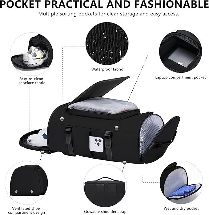MIYCOO Gym Bag for Men Women with Shoes Compartment - Duffle Bag, Travel Backpack, Sports Backpack, Weekender Overnight Bag with Wet Pocket - Black