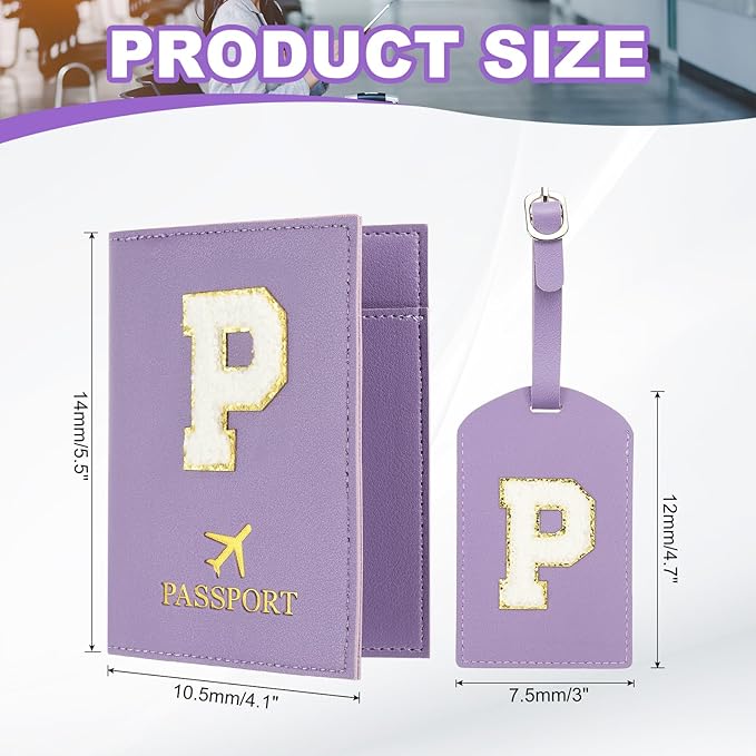 PATIKIL Passport Holder for Travel, Initial Passport Cover and Luggage Tag Set with Alphabet Chenille Letter Patch Travel Wallet Bag Suitcase Identifier for Women Family Travel Purple P
