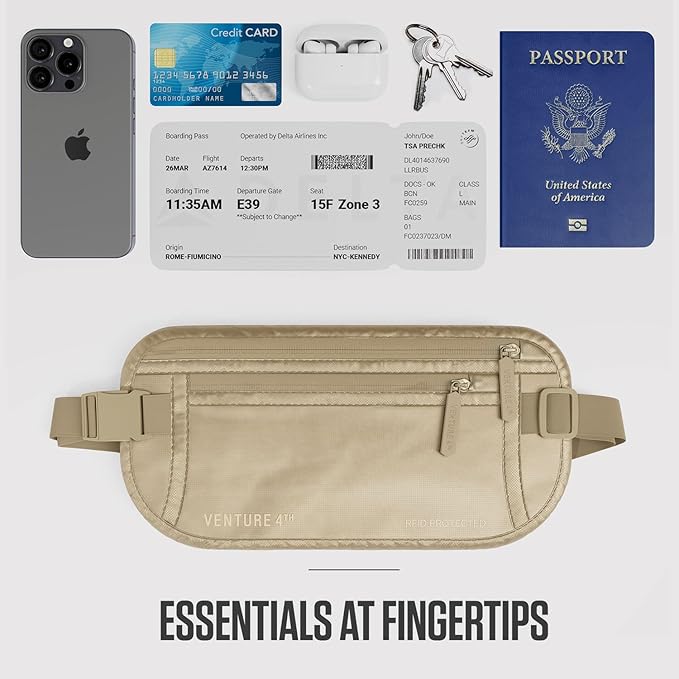 VENTURE 4TH Money Belt for Travel – Hidden Under-Clothes RFID Blocking Passport Holder & Slim Travel Wallet Pouch for Men & Women to Protect Cash, Cards & Documents (Sleek Beige)