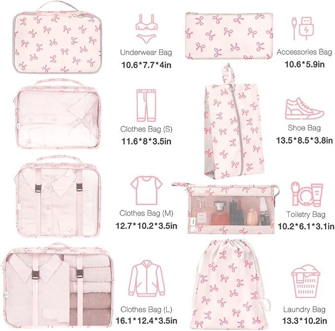 8 Set Packing Cubes for Suitcases,Suitcase Organizer with Shoe,Cosmetics,Clothing, and Accessories Bags for Travel Luggage Organizer Women Men(Pink Bows)