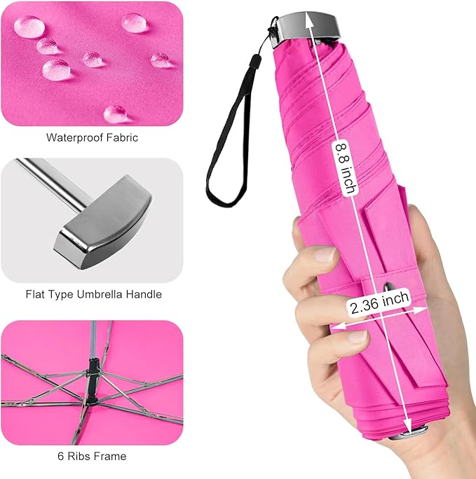 Lejorain Travel Mini Umbrella for Purse - Black Compact Durable Cool Teflon Light Weight Flat Backpacking Umbrella Portable Paraguas