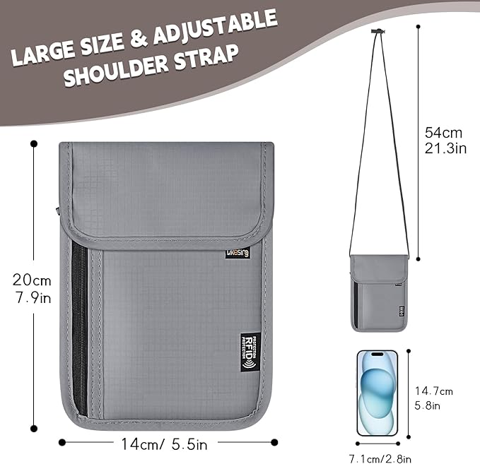Likesing 5.5" L x 7.9" W Travel Neck Wallet, RFID Blocking Passport Holder for Travel Women Men, Security Lightweight Travel Wallet, Neck Passport Pouch Gifts for Traveling(Light Grey)