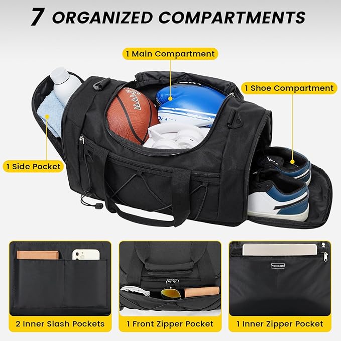 Vorspack Gym Bag for Men - 18 Inches Small Duffle Bag for Travel Lightweight Duffel Bag with Shoe Compartment Personal Item Travel Bag Weekender Bag for Travel Sports Gym - Black