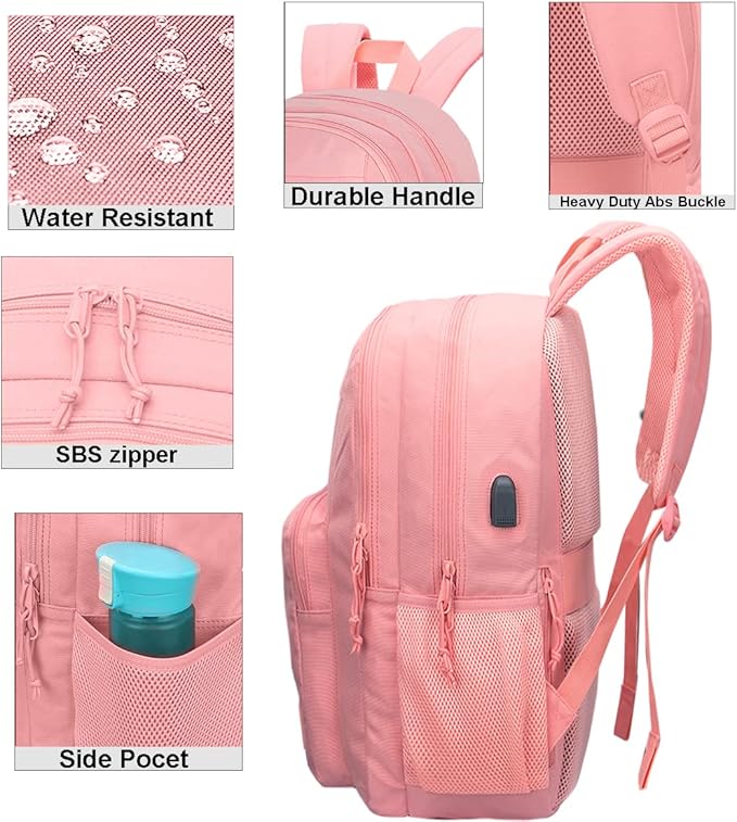 KEOFID Classic Travel backpack for Men and Women, Anti Theft Laptop Backpack with USB Charging Port for Work, Large Bag for College, Water Resistent(Bright Pink)