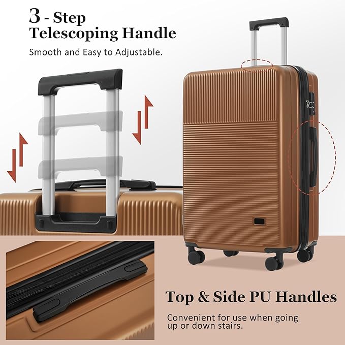 Merax Luggage Sets 5 Piece with Half-opening, Hardside 20" Carry On Suitcase Set with USB Port,Lightweight Travel 24" 28" Luggage with Bags TSA Locks Double Spinner Wheels,Brown