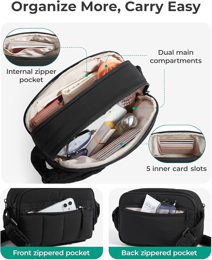 BAGSMART Cross Body Purse, Mini Crossbody Bags for Women Travel Purse, Puffy Shoulder Handbag Wallet with RFID Blocking Slots, Black-small