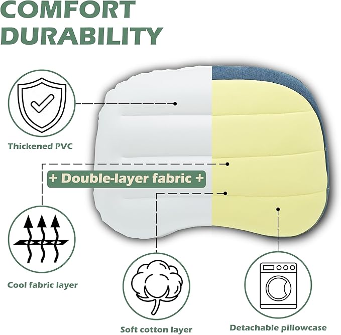 Inflatable Travel Camping Pillow - Ultralight, Portable, Removable, Double Cotton Cover Pillow for Neck Support with Storage Bag for Camping, Traveling, Backpacking, Hiking
