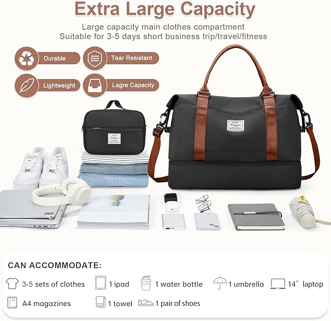 Large Weekender Bags for Women, Travel Duffel Bag with Shoe Compartment,Personal Item Travel Carry on Overnight Bag for Women Travel Set,Black & Brown