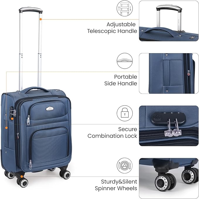 20'' Carry on Luggage,Softside Suitcase w/Combination LOCK,Expandable 15% Luggage w/Double Spinner Wheels,Lightweight Rolling Suitcases for Men/Women（Blue,20in）
