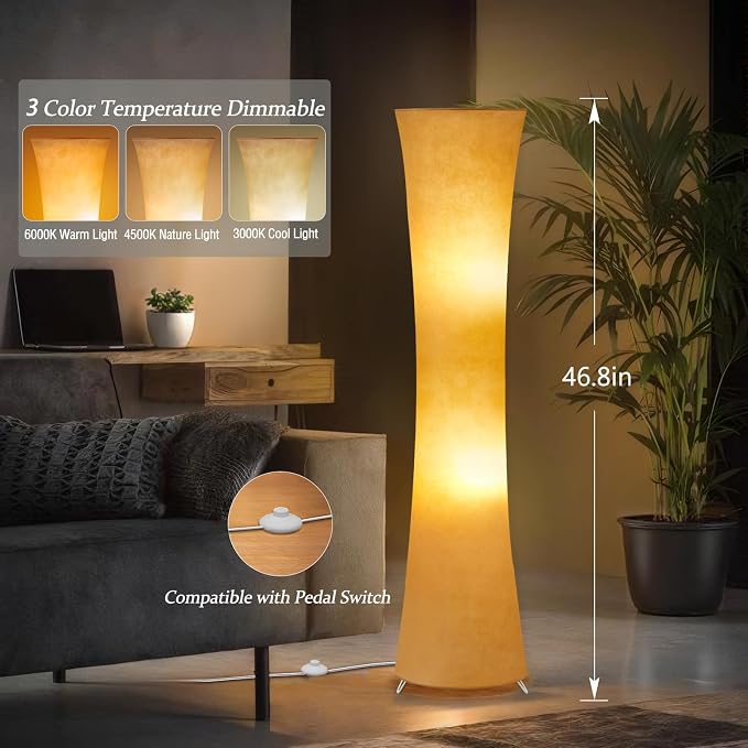 46" Modern Floor Lamps for Living Room, LED Column Standing Floor Lamp with Color Temperature Adjustable & Fabric Lampshade for Corner, Bedroom, Office & Kid's Room - Bulbs Included